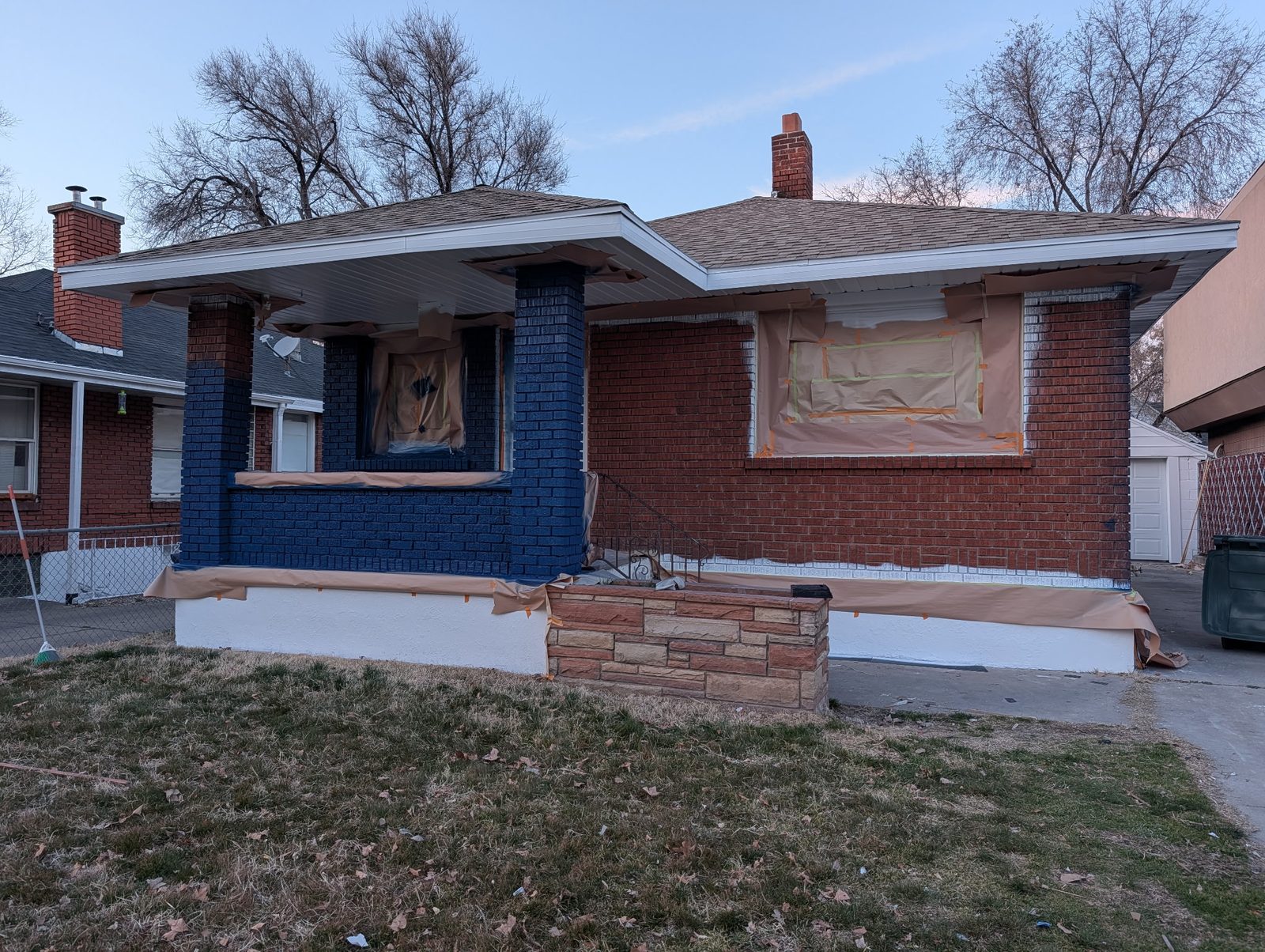 Utah home exterior masked and prepped for painting